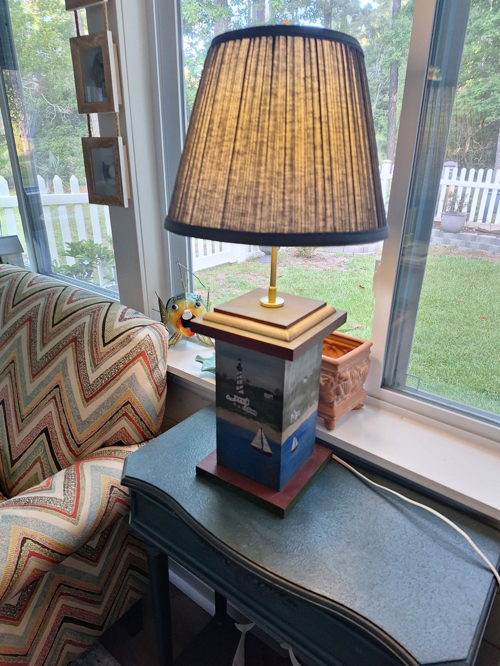 Hand Painted Coastal-Inspired Table Lamp with Blue Shade and Painted Base